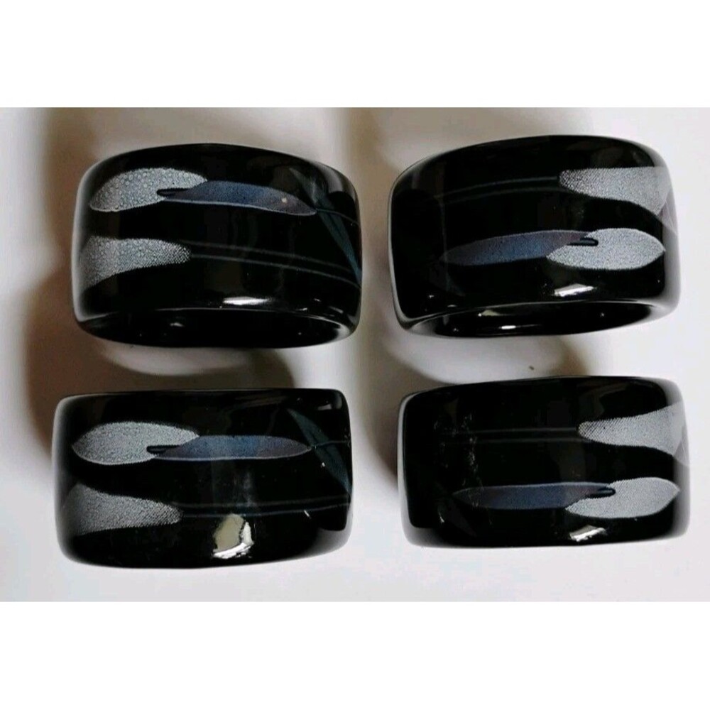 Vintage 1980s Black Calla Lily Ceramic Napkin Rings Set of 4 Japan